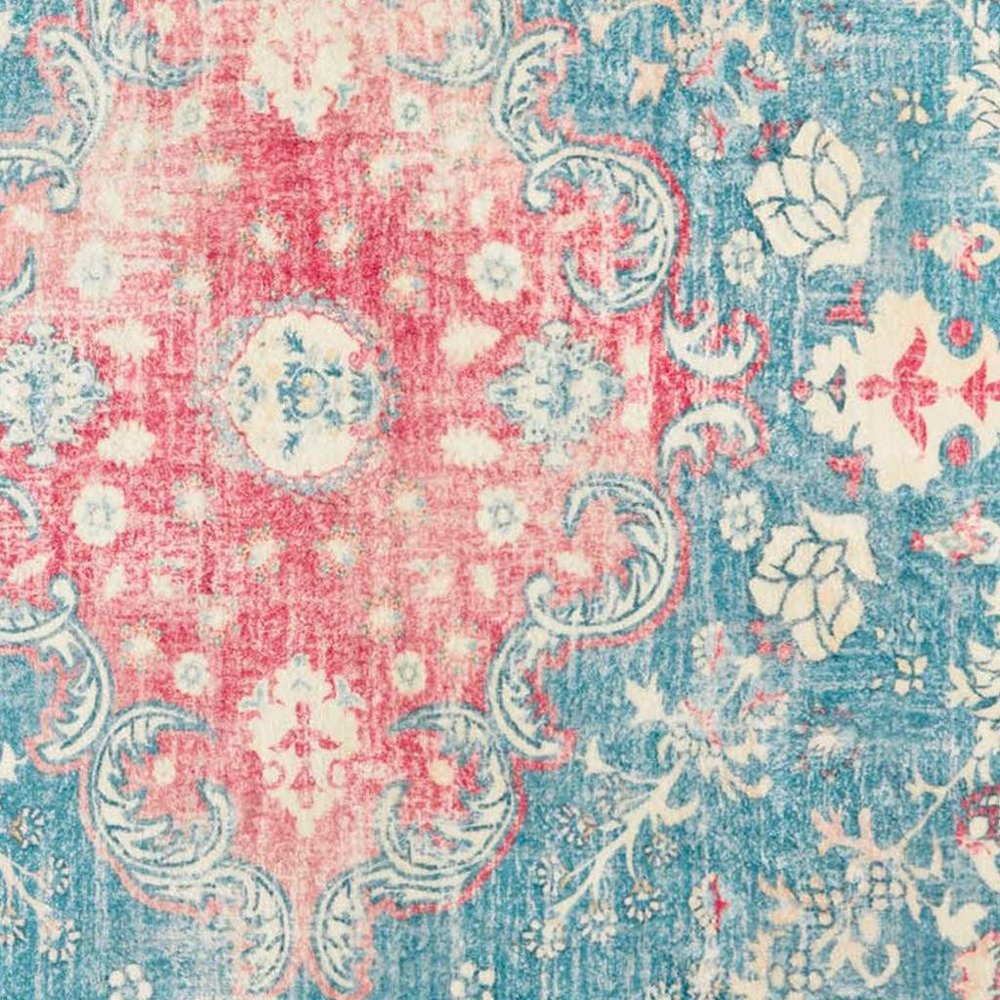 3' X 5' Ivory Pink and Aqua Medallion Distressed Washable Area Rug