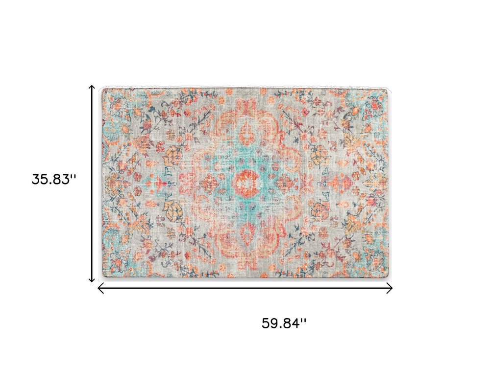 3' X 5' Teal Orange and Gray Medallion Distressed Washable Area Rug