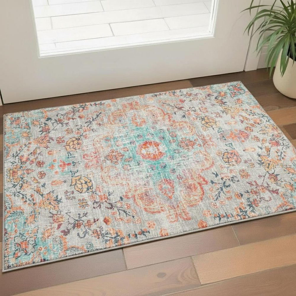 3' X 5' Teal Orange and Gray Medallion Distressed Washable Area Rug