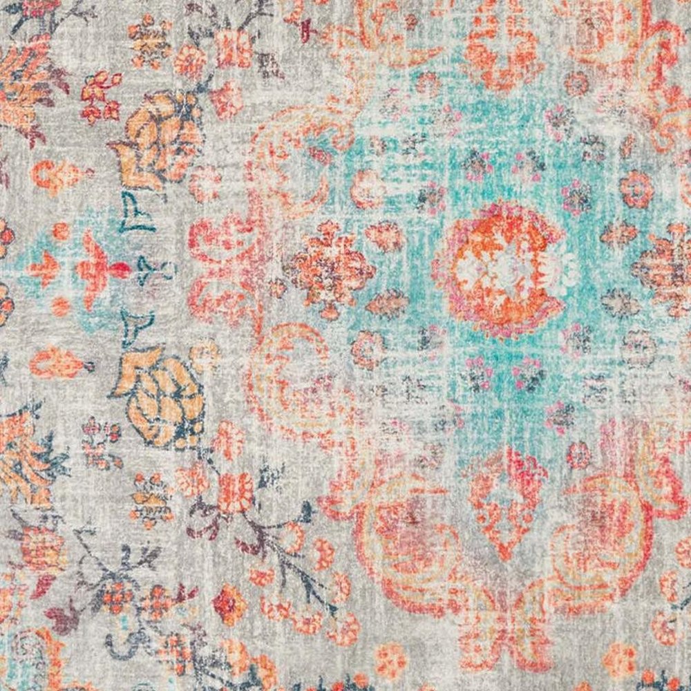 3' X 5' Teal Orange and Gray Medallion Distressed Washable Area Rug