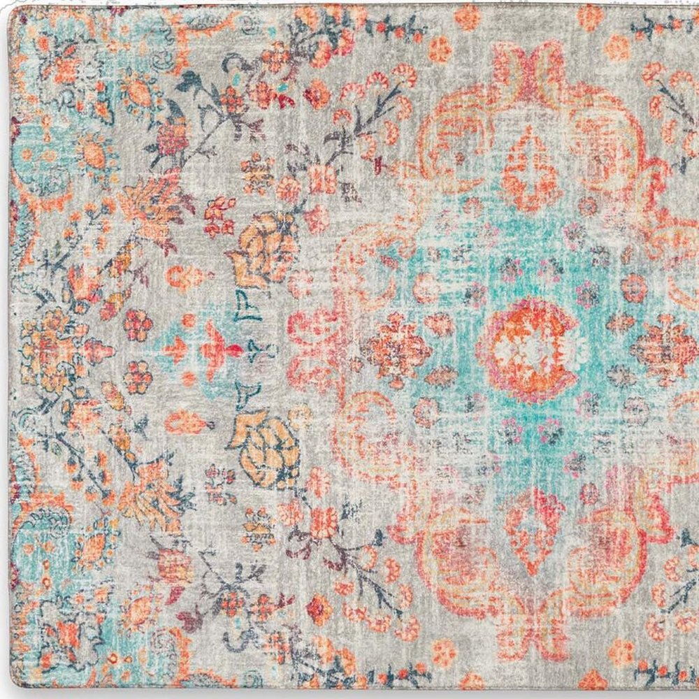 3' X 5' Teal Orange and Gray Medallion Distressed Washable Area Rug