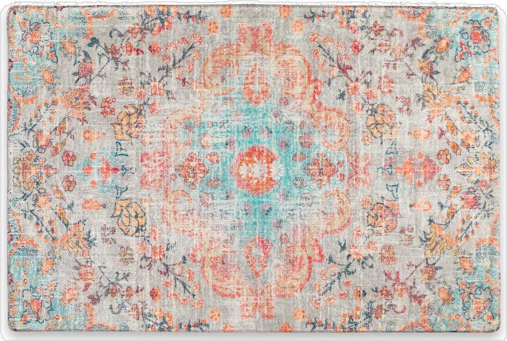 3' X 5' Teal Orange and Gray Medallion Distressed Washable Area Rug