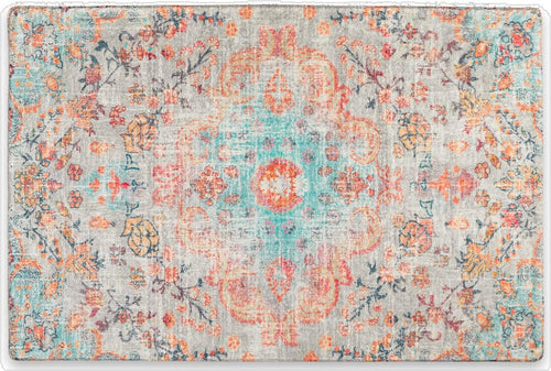 3' X 5' Teal Orange and Gray Medallion Distressed Washable Area Rug