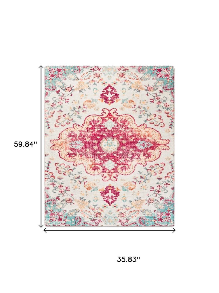 3' X 5' Blue Pink and White Medallion Distressed Washable Area Rug