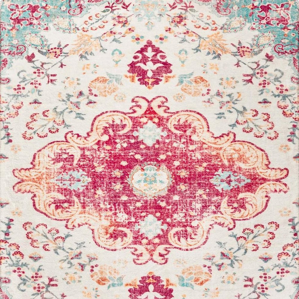 3' X 5' Blue Pink and White Medallion Distressed Washable Area Rug