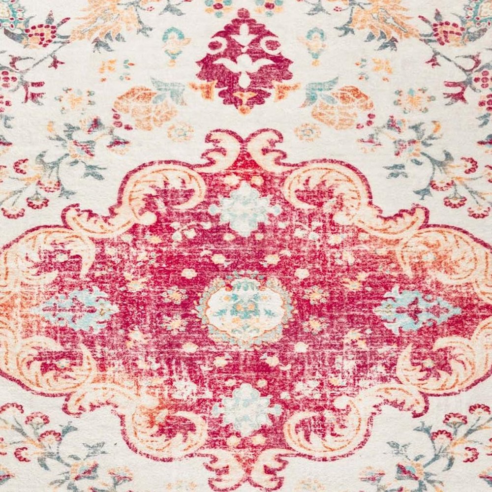 3' X 5' Blue Pink and White Medallion Distressed Washable Area Rug