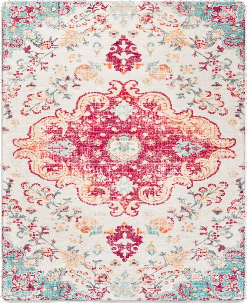 3' X 5' Blue Pink and White Medallion Distressed Washable Area Rug