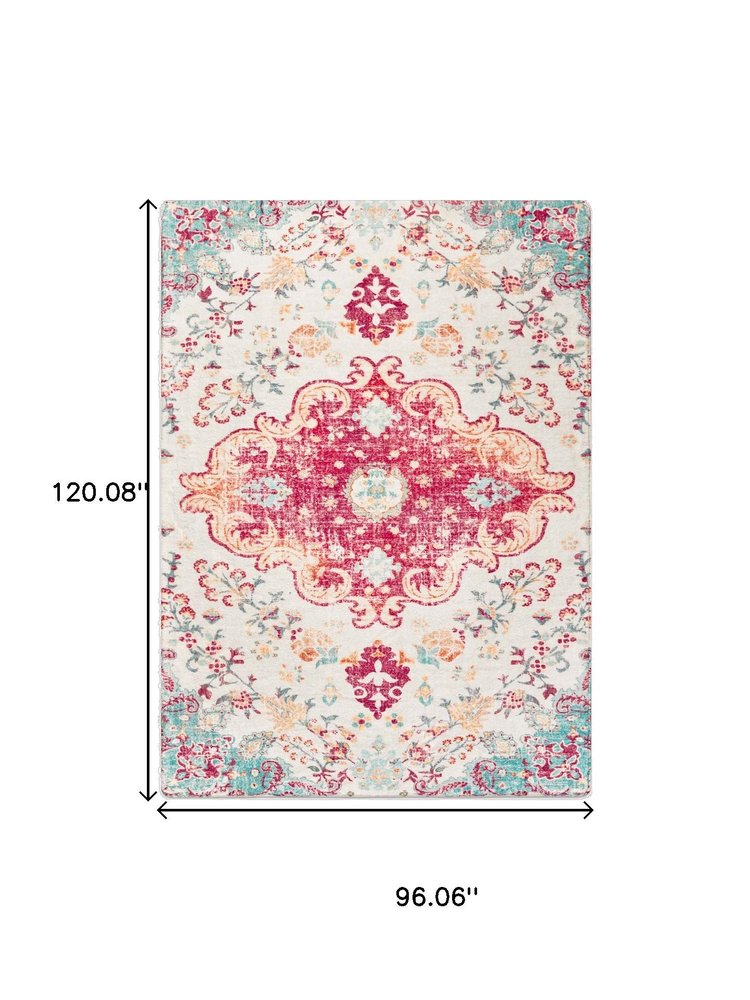 3' X 5' Blue Pink and White Medallion Distressed Washable Area Rug
