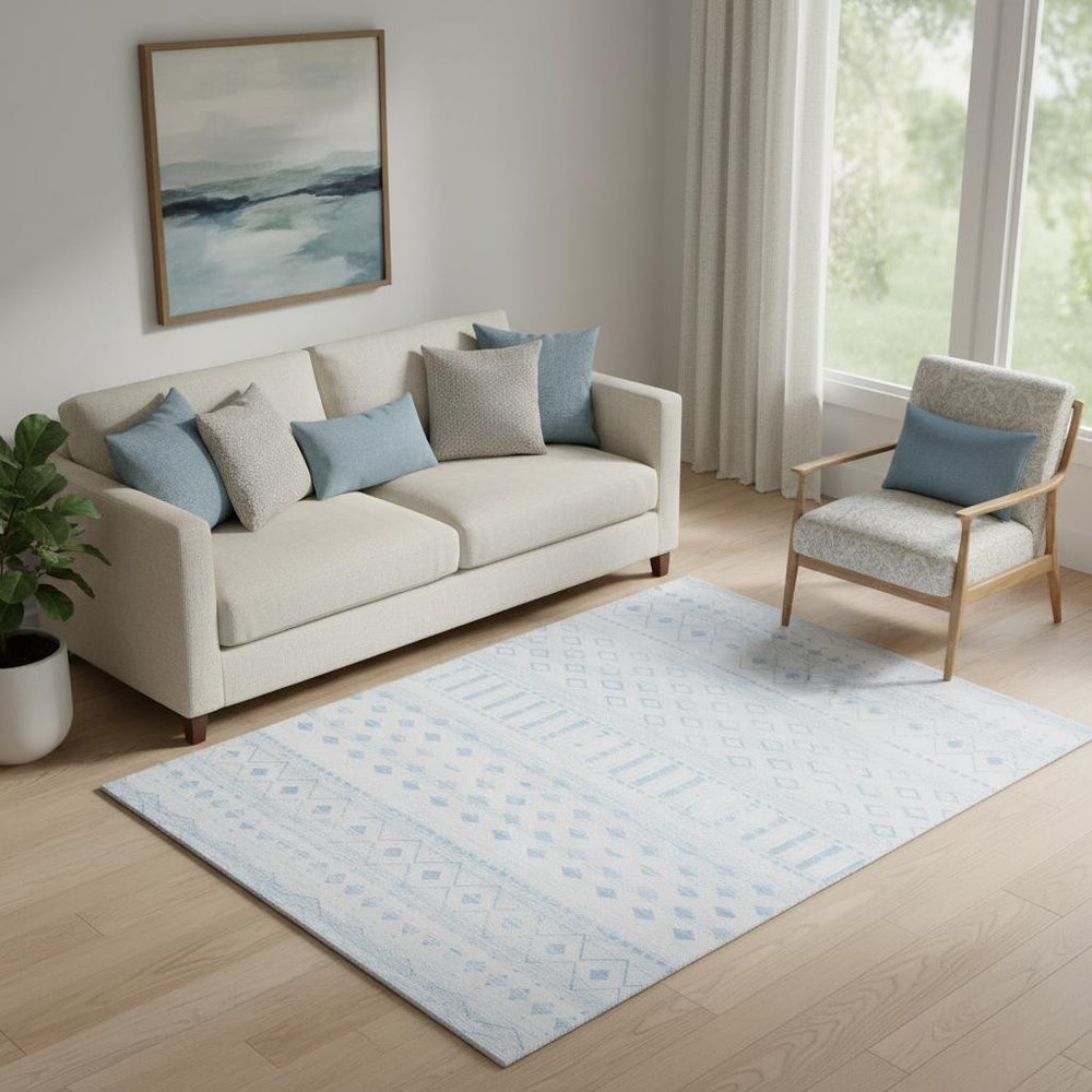 5' X 7' Aqua and Ivory Geometric Distressed Washable Area Rug
