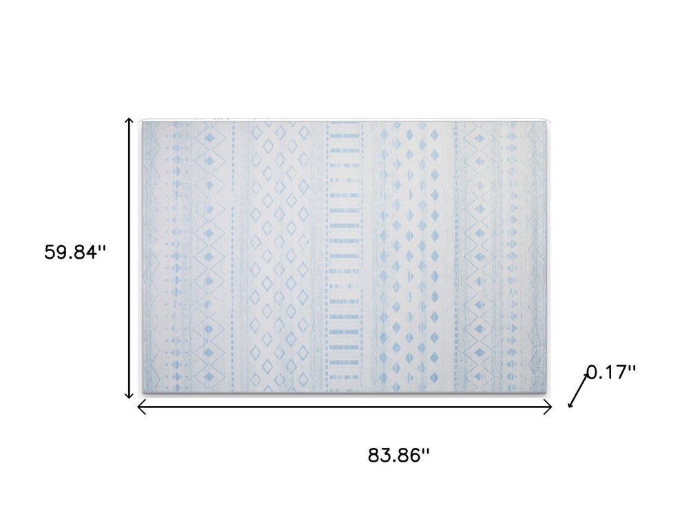 5' X 7' Aqua and Ivory Geometric Distressed Washable Area Rug