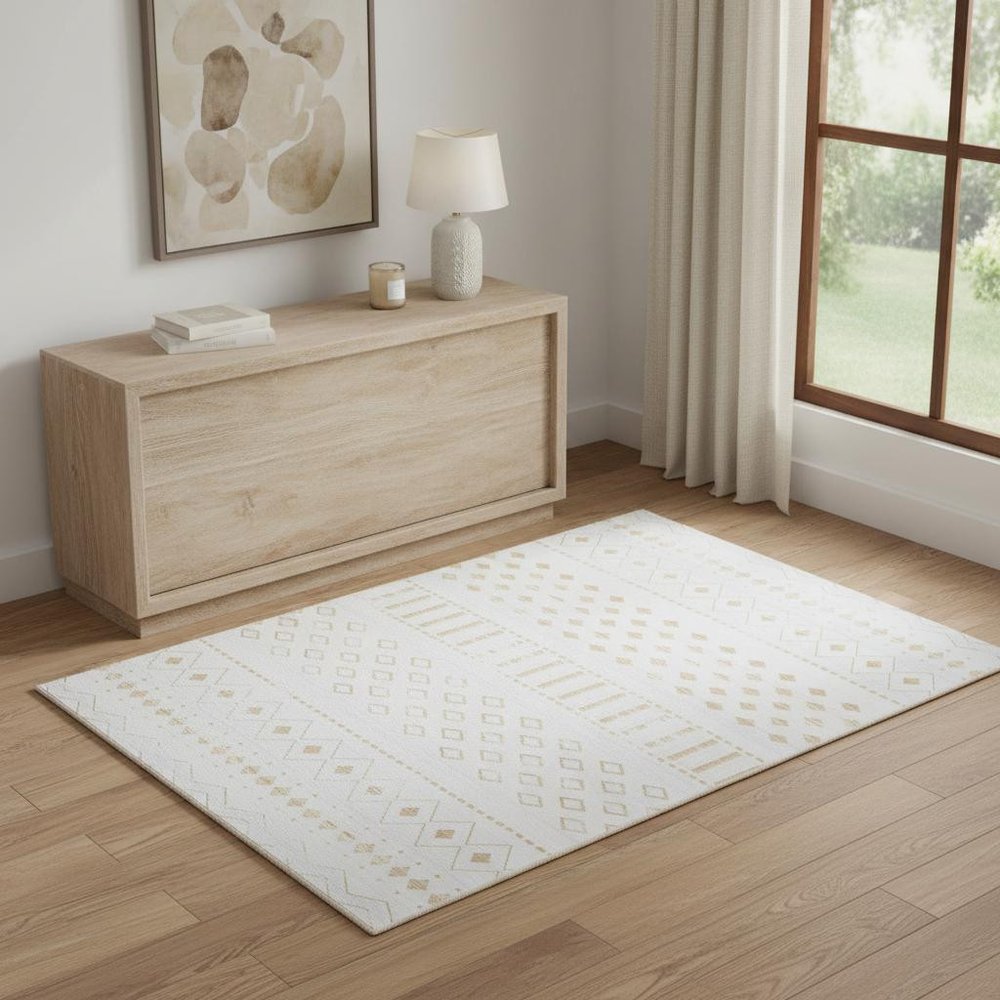 4' X 6' Gold and White Abstract Geometric Washable Area Rug