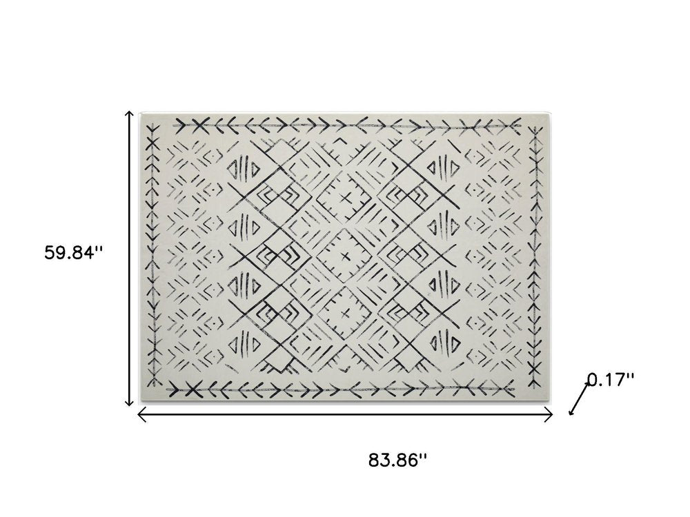 5' X 7' Beige and White Abstract Geometric Washable Area Rug