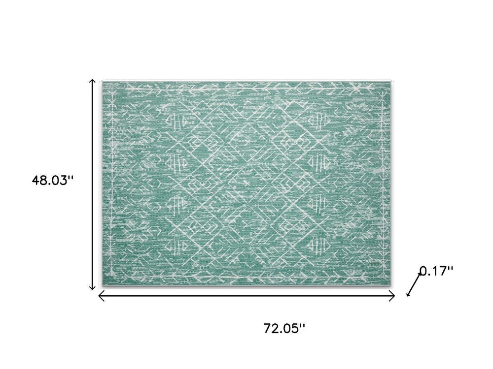 4' X 6' Green and Off White Abstract Geometric Distressed Washable Area Rug