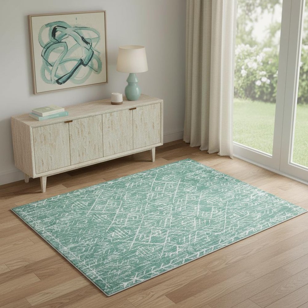 4' X 6' Green and Off White Abstract Geometric Distressed Washable Area Rug