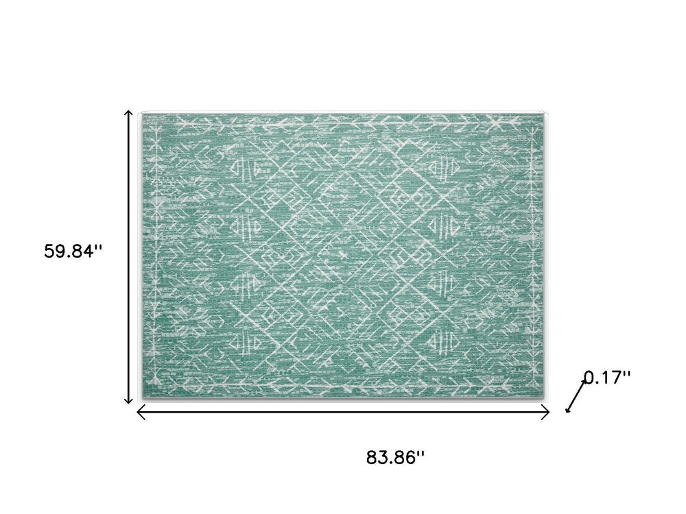 4' X 6' Green and Off White Abstract Geometric Distressed Washable Area Rug
