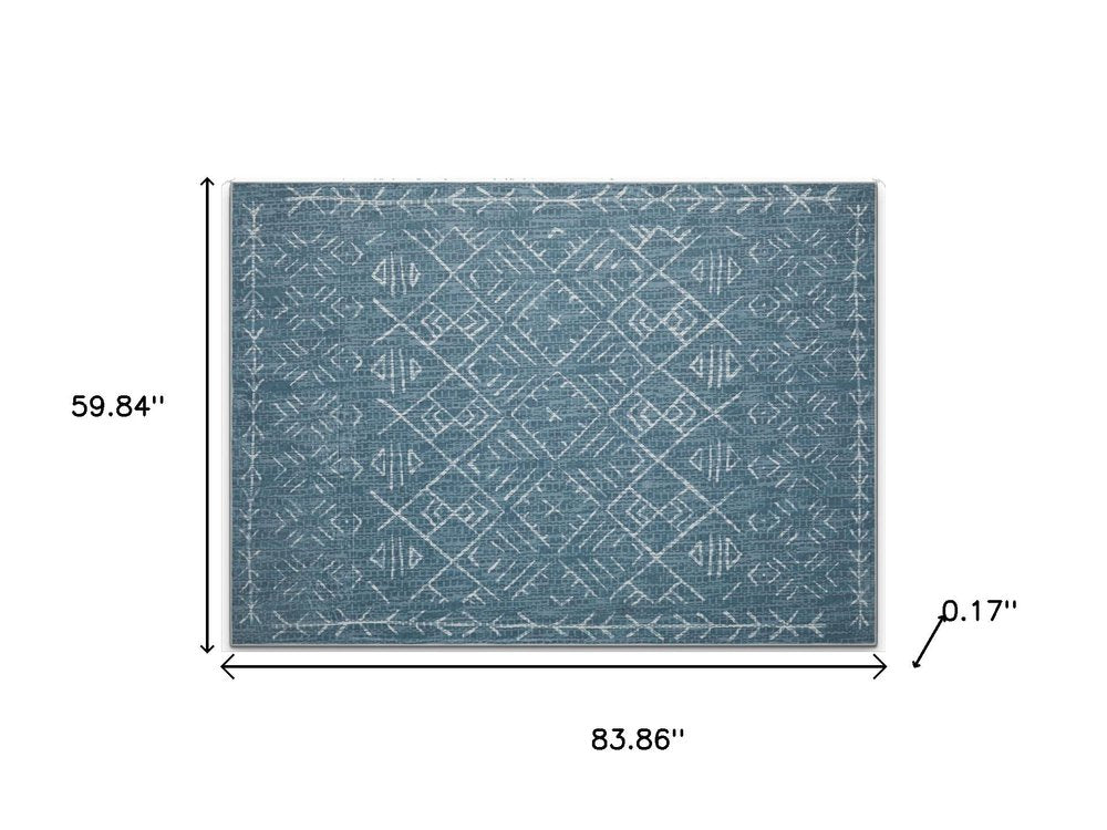 5' X 7' Teal and Off White Abstract Geometric Distressed Washable Area Rug