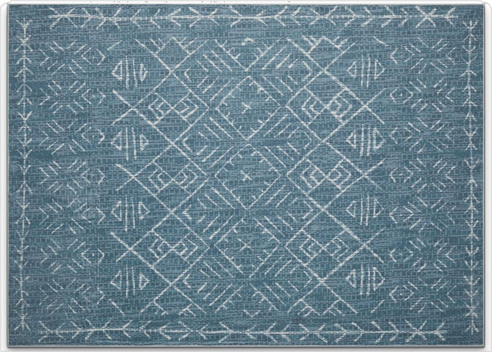 5' X 7' Teal and Off White Abstract Geometric Distressed Washable Area Rug