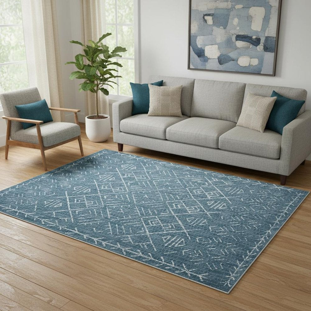 5' X 7' Teal and Off White Abstract Geometric Distressed Washable Area Rug