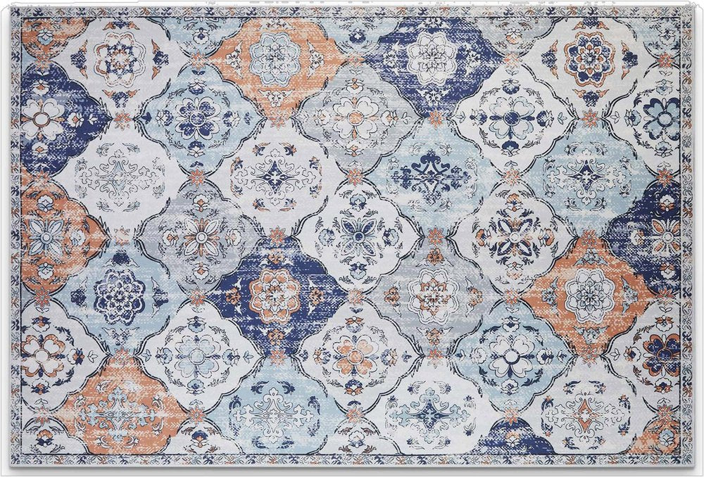 3' X 5' Navy Blue Orange and White Patchwork Distressed Washable Area Rug