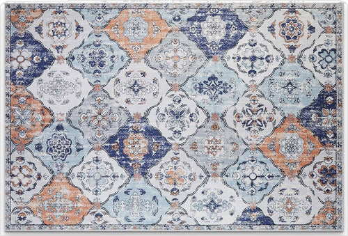 3' X 5' Navy Blue Orange and White Patchwork Distressed Washable Area Rug