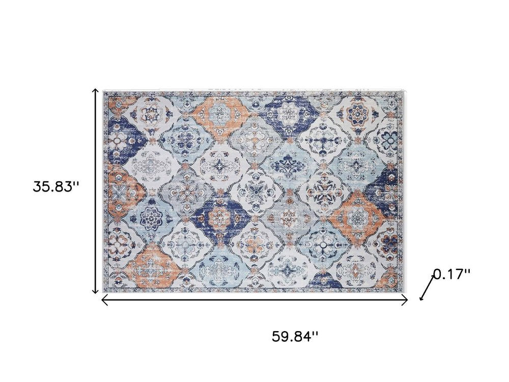 3' X 5' Navy Blue Orange and White Patchwork Distressed Washable Area Rug