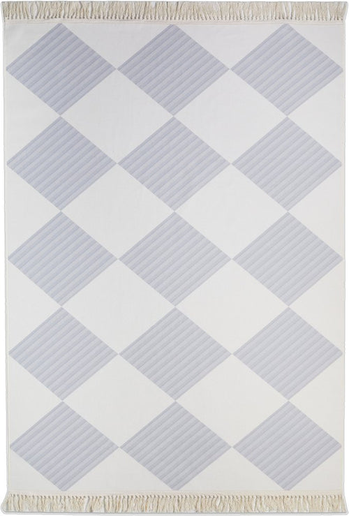 4' X 6' Lavender and Ivory Geometric Washable Area Rug with Fringe