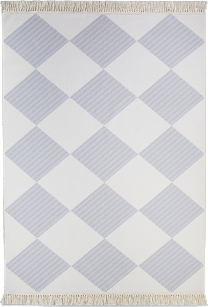 4' X 6' Lavender and Ivory Geometric Washable Area Rug with Fringe