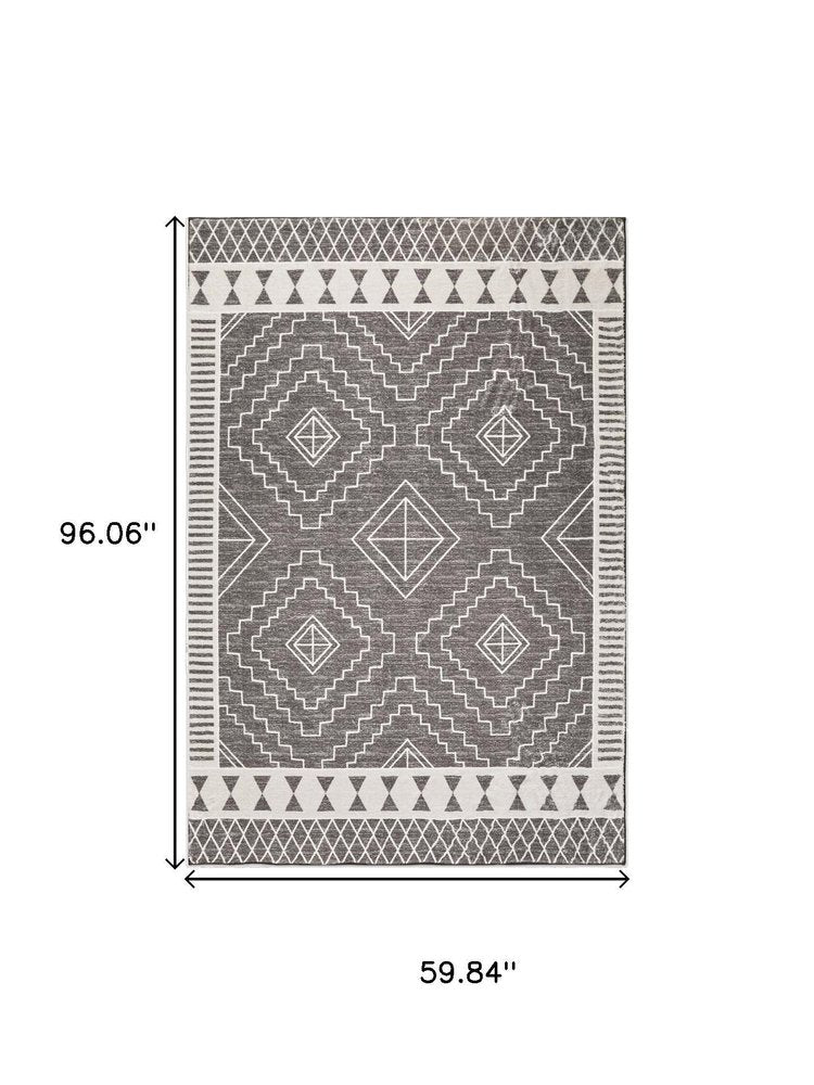 5' X 8' Gray and White Geometric Distressed Washable Area Rug