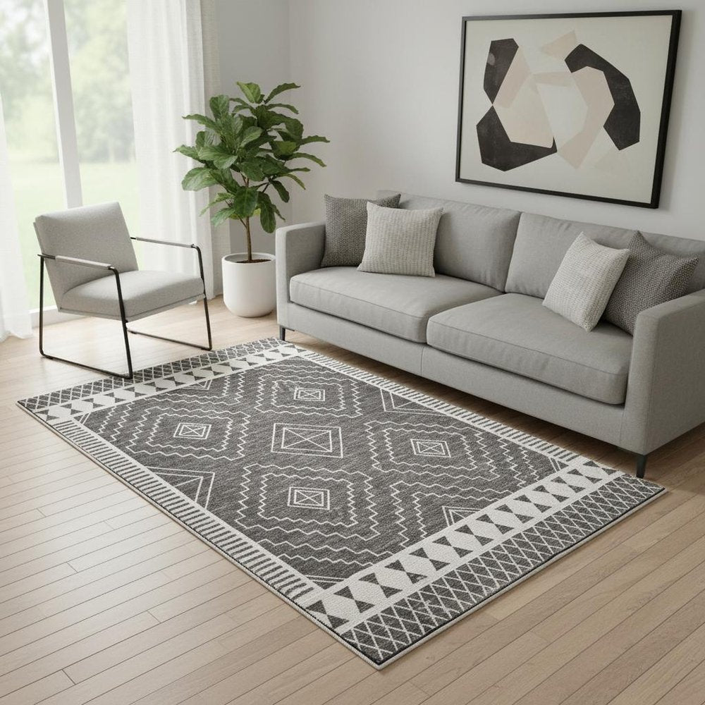 5' X 8' Gray and White Geometric Distressed Washable Area Rug