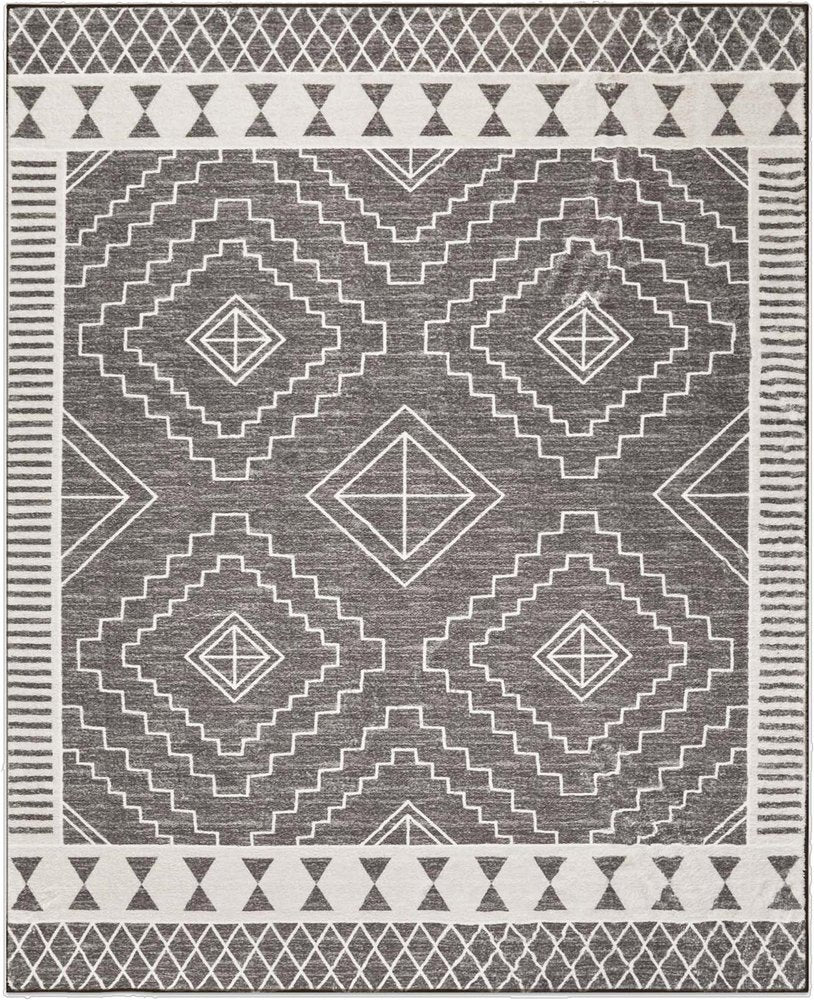 5' X 8' Gray and White Geometric Distressed Washable Area Rug