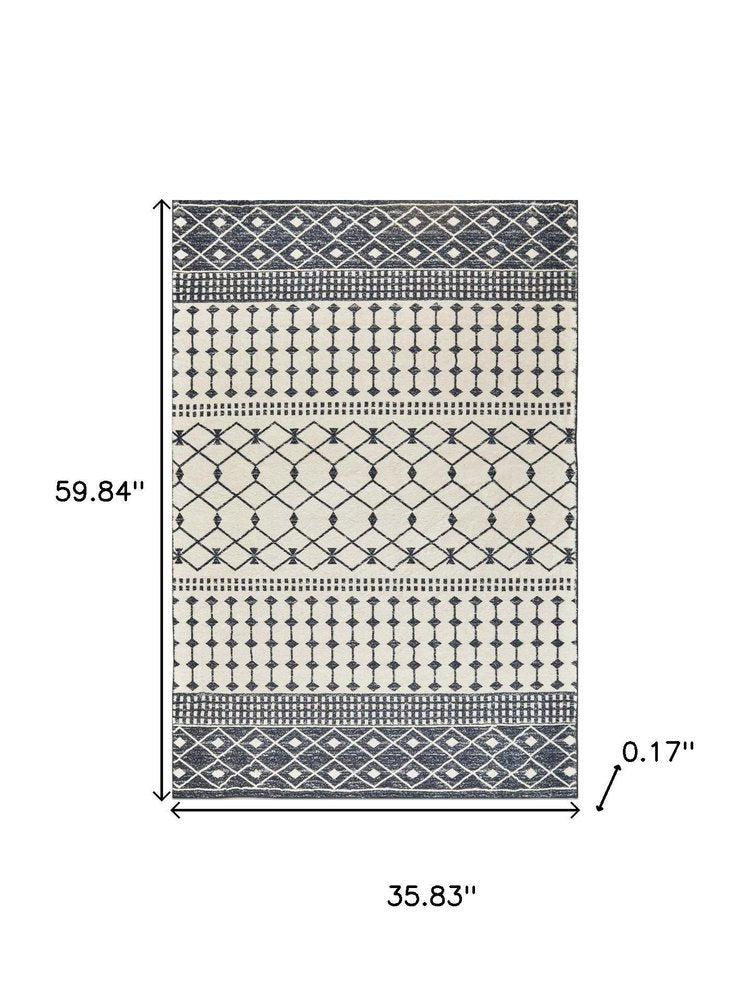 3' X 5' Dark Gray and White Geometric Distressed Washable Area Rug