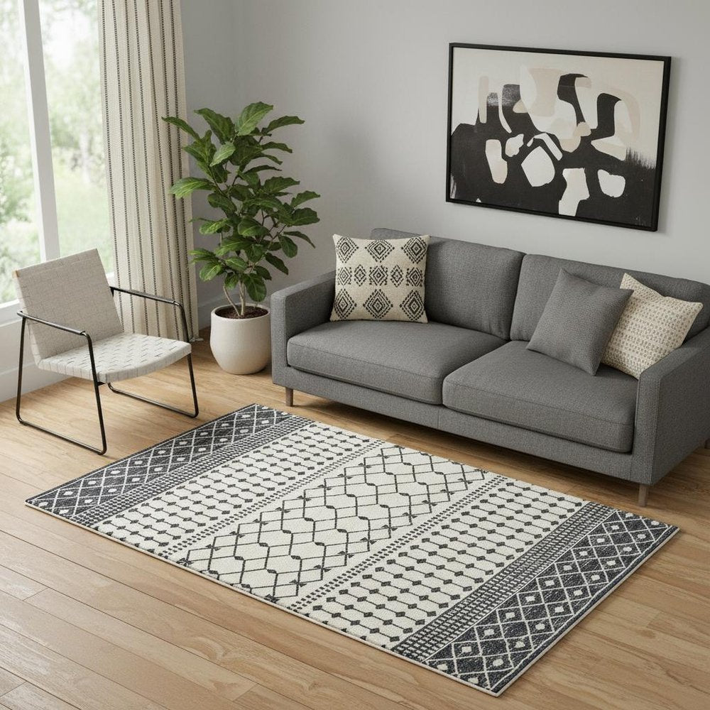 3' X 5' Dark Gray and White Geometric Distressed Washable Area Rug