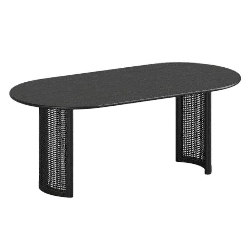 Black Solid Wood Double and Rattan Pedestal Base Oval Dining Table - 79-inch