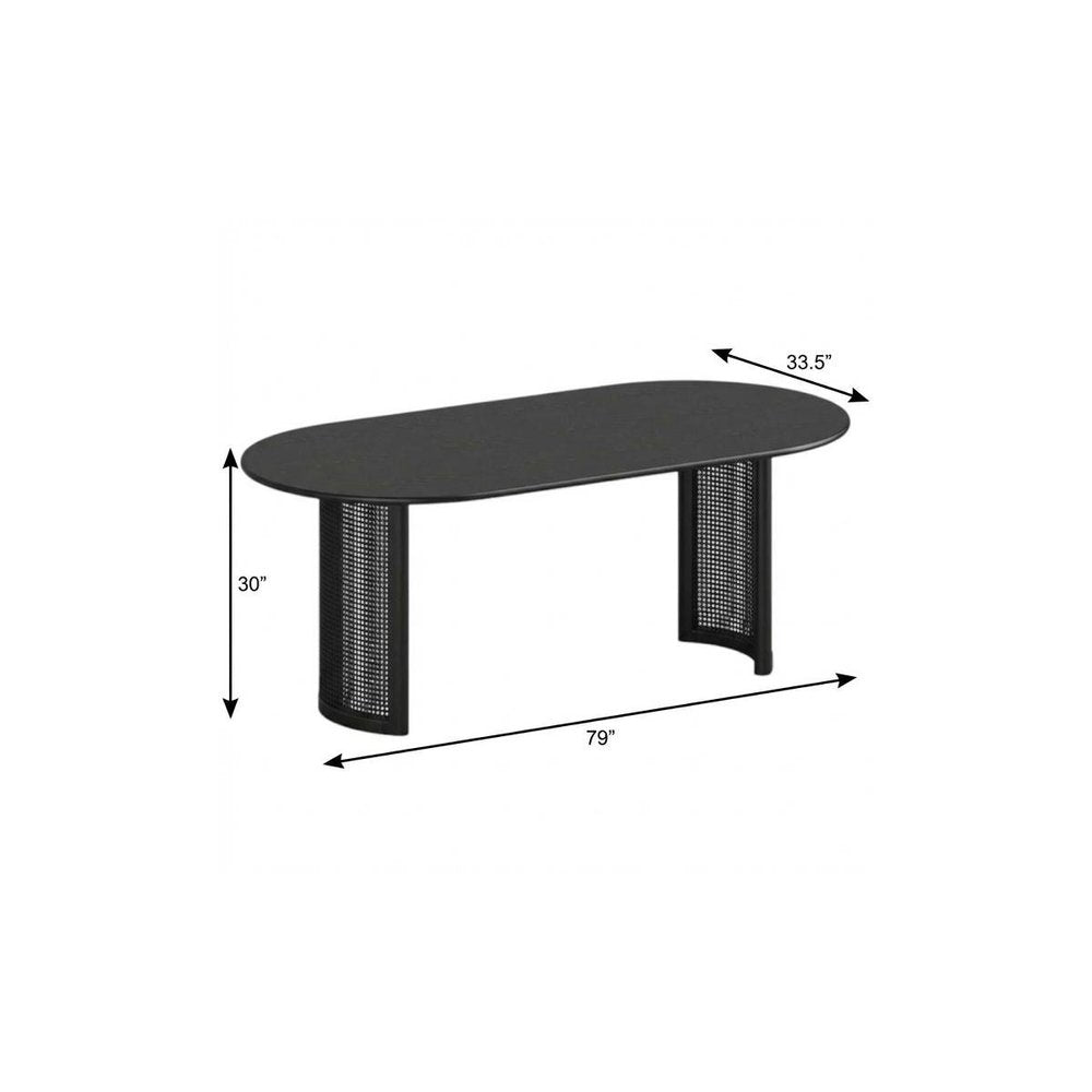 Black Solid Wood Double and Rattan Pedestal Base Oval Dining Table - 79-inch