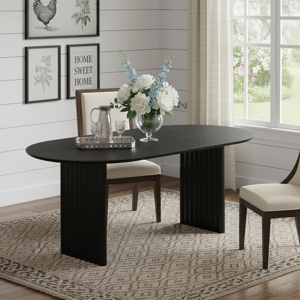 Black Solid Wood Double Pedestal Base Oval Dining Table - 79-inch