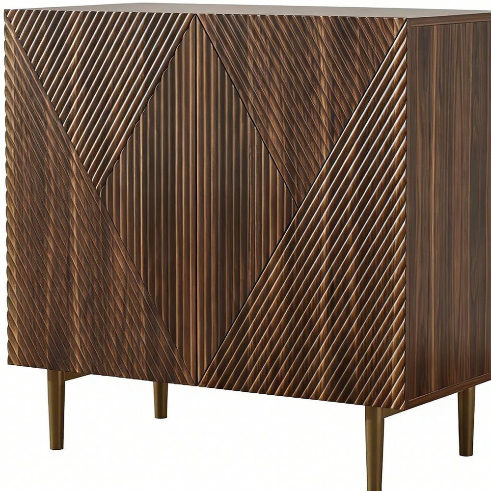 Brown Wood Carved Geometric Sideboard with Two Doors - 32-inch