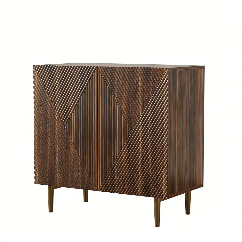 Brown Wood Carved Geometric Sideboard with Two Doors - 32-inch