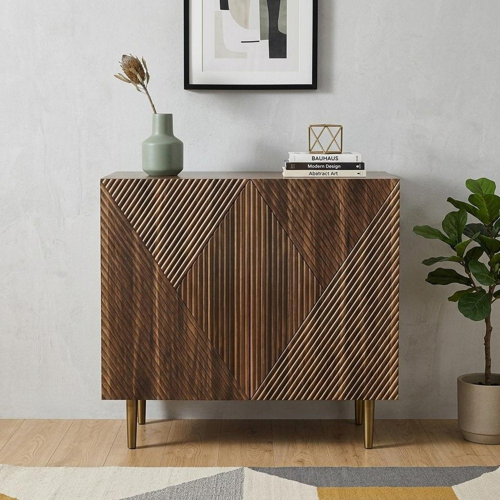 Brown Wood Carved Geometric Sideboard with Two Doors - 32-inch