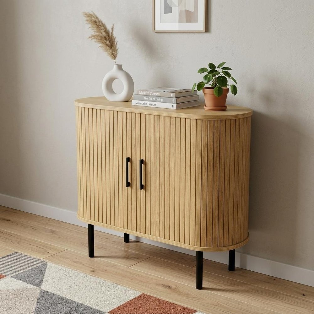 Natural Wood Ribbed Texture Sideboard with Two Sliding Doors - 35-inch