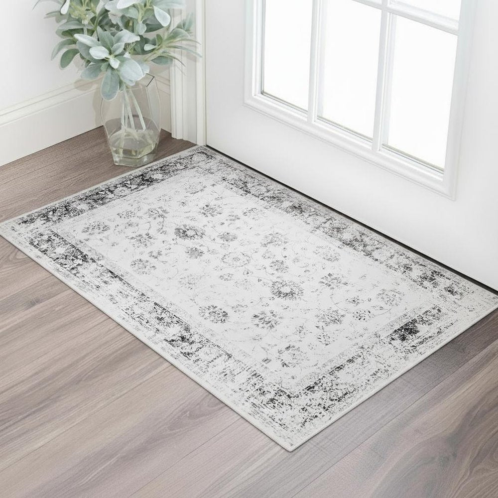 3' X 5' Ivory and Charcoal Oriental Distressed Washable Area Rug