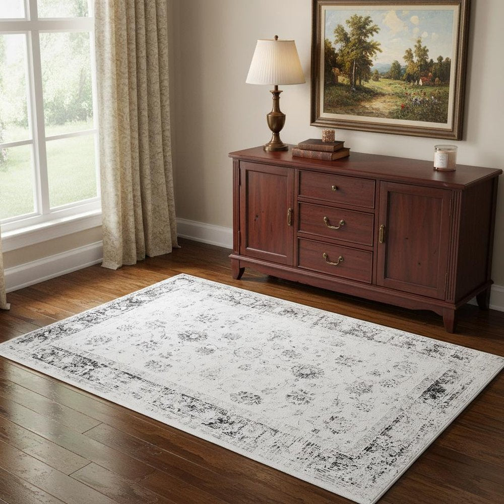 3' X 5' Ivory and Charcoal Oriental Distressed Washable Area Rug