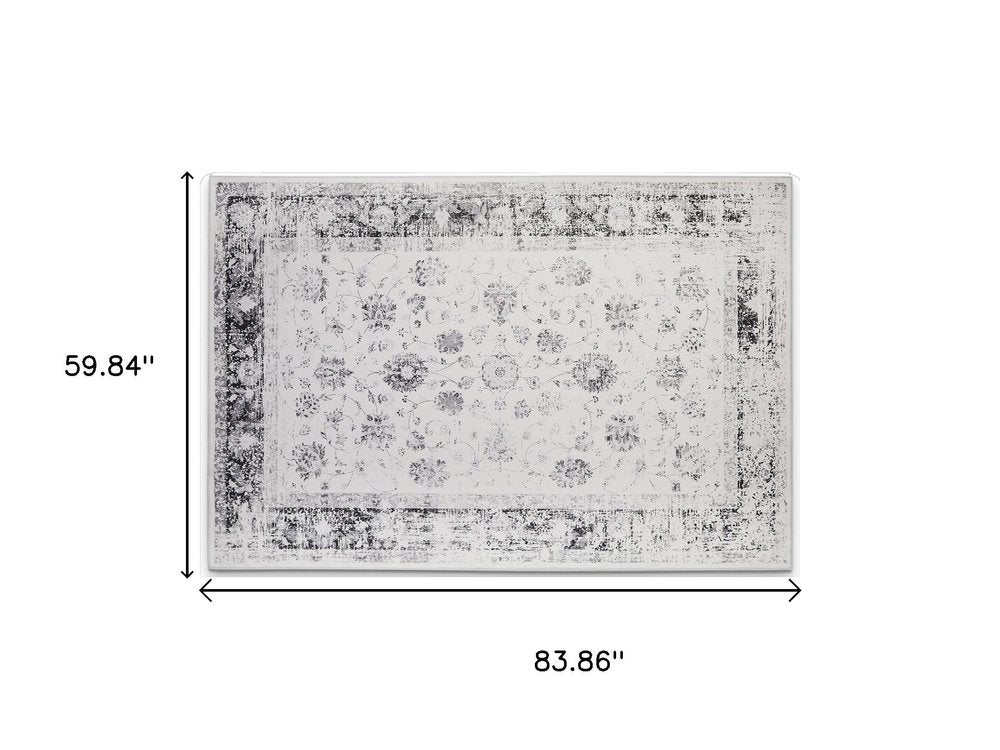 3' X 5' Ivory and Charcoal Oriental Distressed Washable Area Rug
