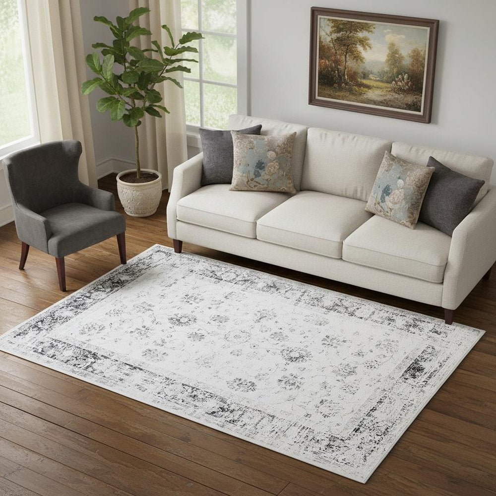3' X 5' Ivory and Charcoal Oriental Distressed Washable Area Rug