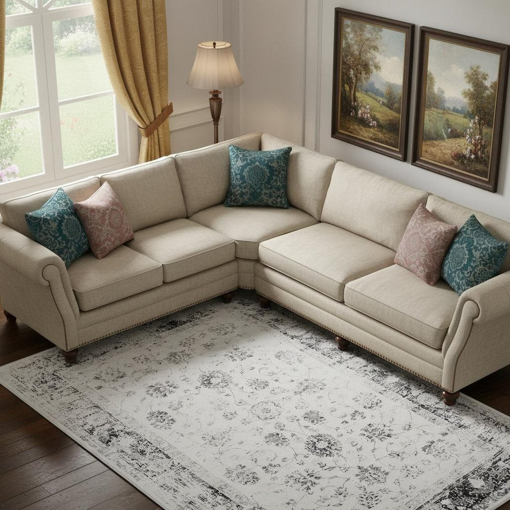 3' X 5' Ivory and Charcoal Oriental Distressed Washable Area Rug