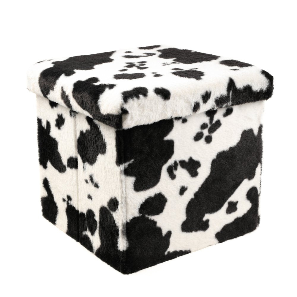 Black and White Faux Fur Cow Print Storage Ottoman - 12-inch