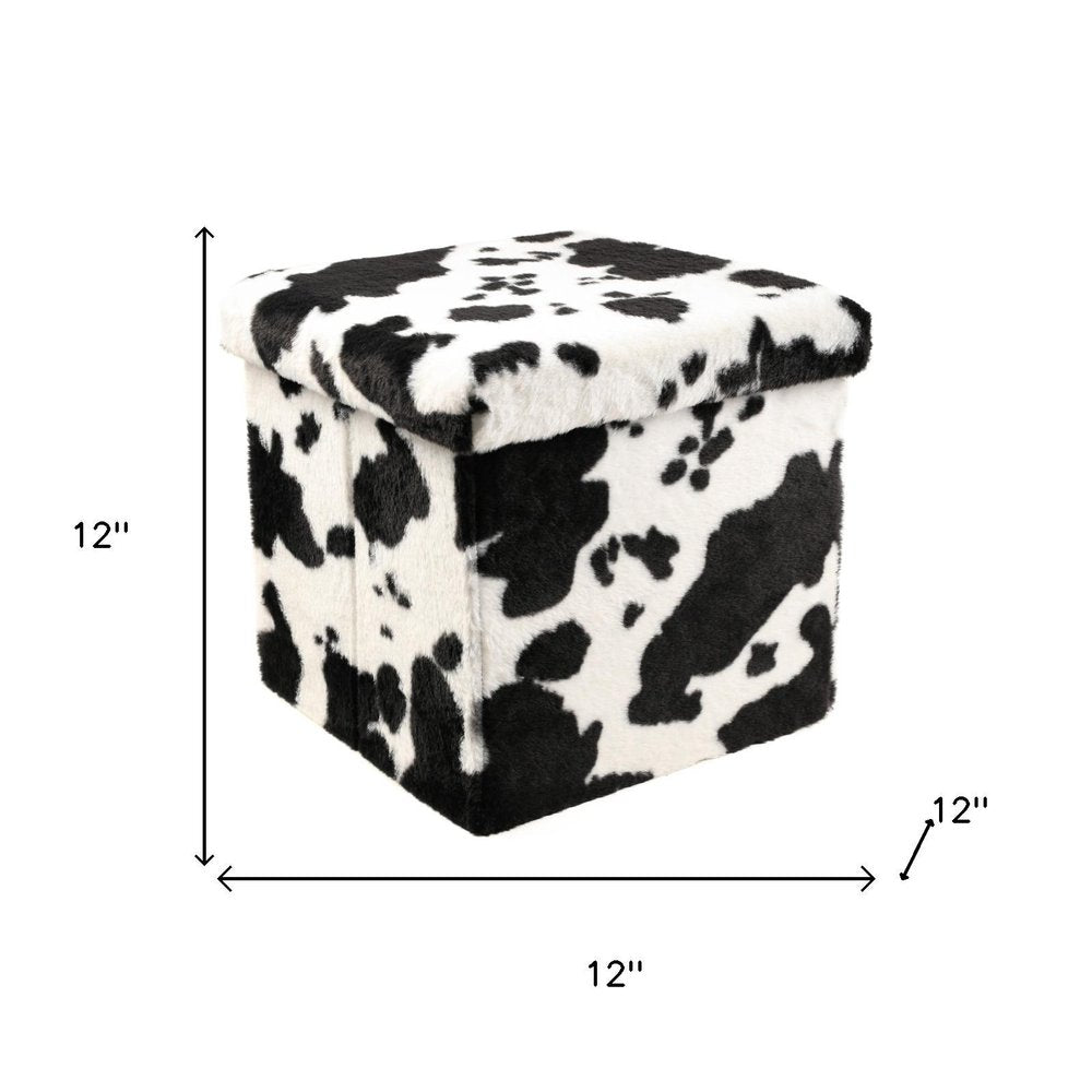 Black and White Faux Fur Cow Print Storage Ottoman - 12-inch