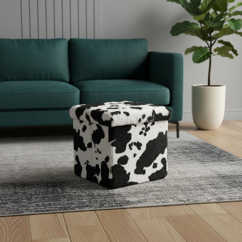 Black and White Faux Fur Cow Print Storage Ottoman - 12-inch