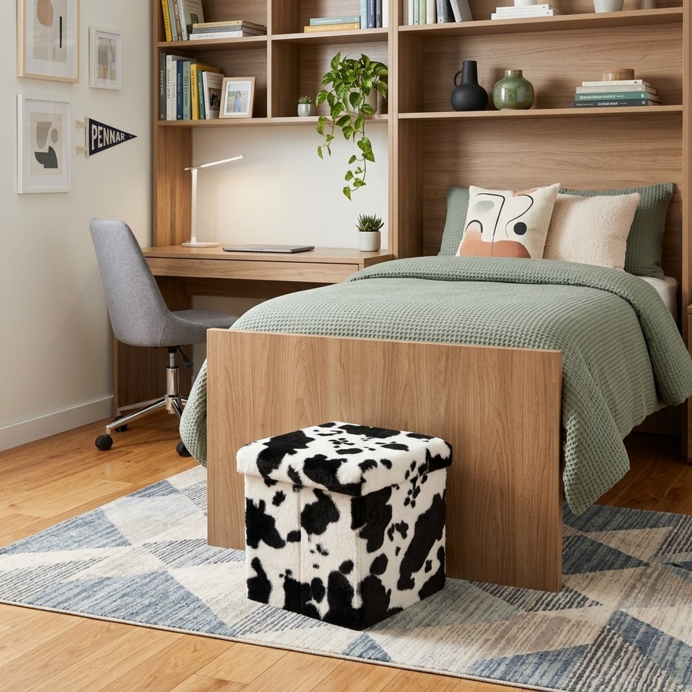 Black and White Faux Fur Cow Print Storage Ottoman - 12-inch