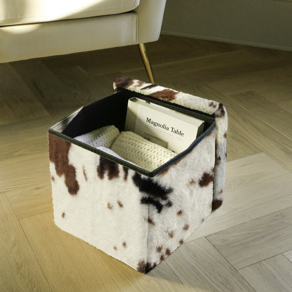 Brown and White Faux Fur Cow Print Storage Ottoman - 12-inch