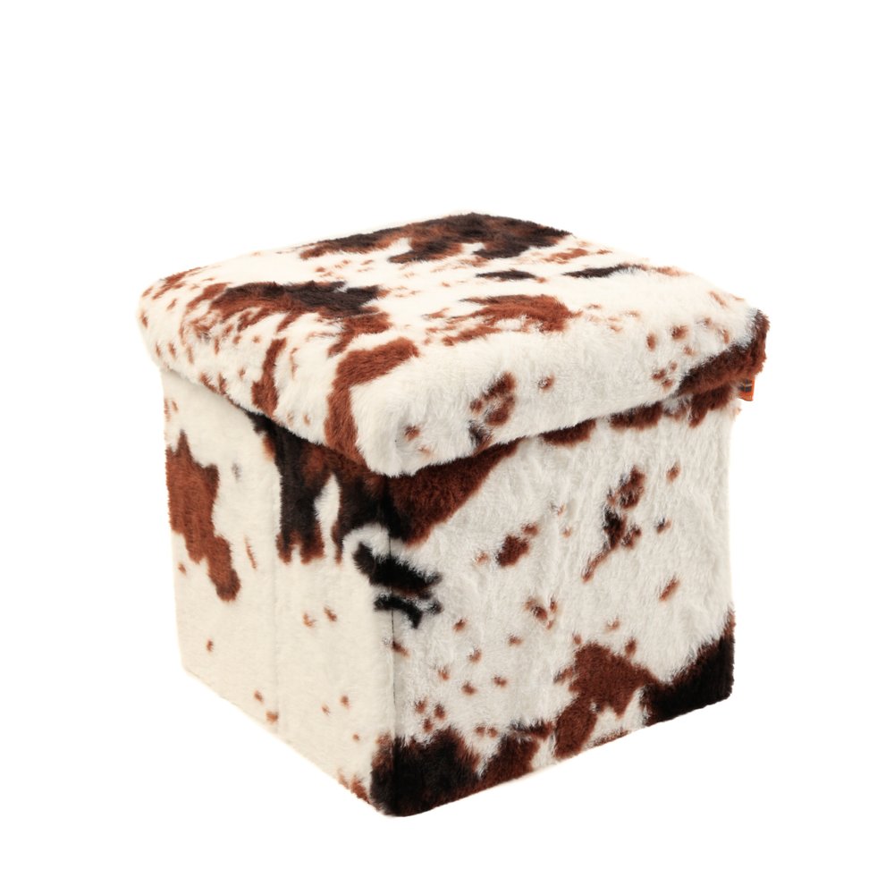 Brown and White Faux Fur Cow Print Storage Ottoman - 12-inch